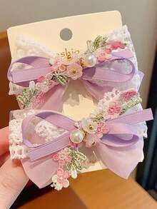 2pcs Kids' Hair Clips With Bowknot & Embroidery Decor, Won't Hurt Hair, Suitable For Girls' Daily Or Performance Hairstyles - Purple - View 3