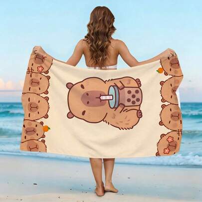1条可爱水豚沙滩巾 - 速干、吸水性强、柔软舒适、大尺寸，印有萌萌的奶茶水豚图案，是海滩、泳池派对、瑜伽和旅行的理想之选。