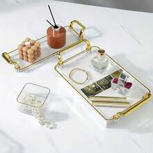 1个高品质金边亚克力托盘，多功能桌面收纳托盘，适用于各种场景，可放置化妆品/珠宝/茶具等。 - 灰色 - 查看 5
