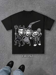 Spring Summer Casual Nightmare Before Christmas Three Mischief Makers Cartoon Print Men's 180g 100% Cotton T-Shirt, Soft Short Sleeve Top, Dark Fairy Tale Inspired, Crew Neck Tee For Summer Daily Leisure - 黑色 - 查看 1