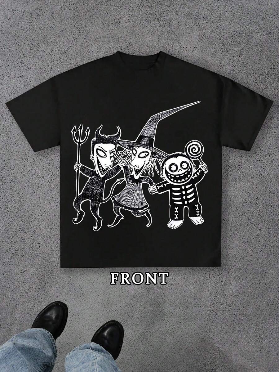 Spring Summer Casual Nightmare Before Christmas Three Mischief Makers Cartoon Print Men's 180g 100% Cotton T-Shirt, Soft Short Sleeve Top, Dark Fairy Tale Inspired, Crew Neck Tee For Summer Daily Leisure - 黑色 - 查看 1