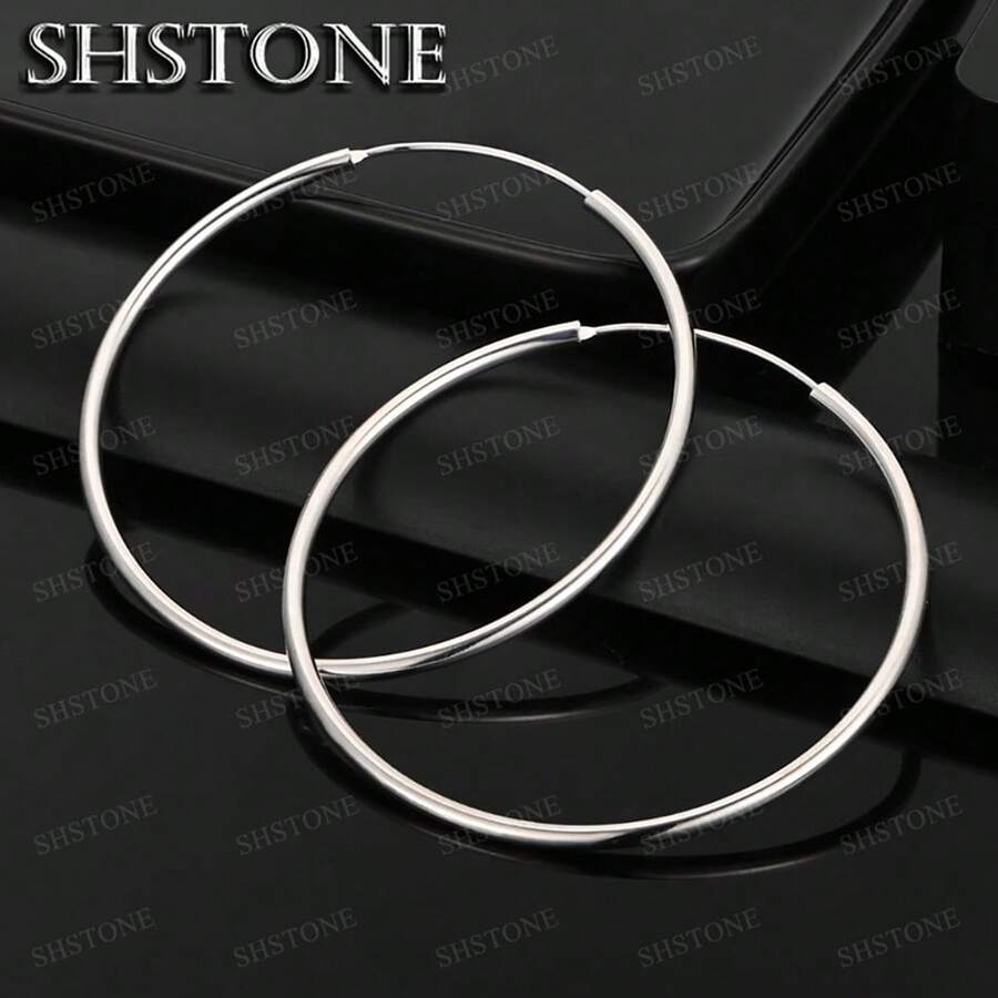 Round Circle 50/60mm 925 Sterling Silver Plated Hoop Earrings For Woman Wedding Engagement Party Fashion Charm Jewelry Gift - Silver - View 1