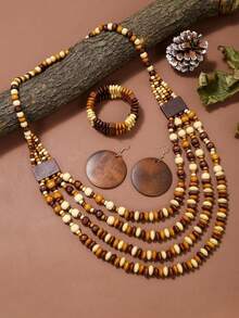 Wooden Bead Bohemian Style Handmade Beaded Necklace, Bracelet, Earrings - Multicolor - View 3