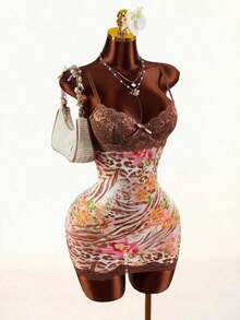 Amplova Lace Cup Detail Tropical Floral Mesh Bodycon Mini Dress Lace Trim Dress,Party Dress - Multicolor 2 - View 6