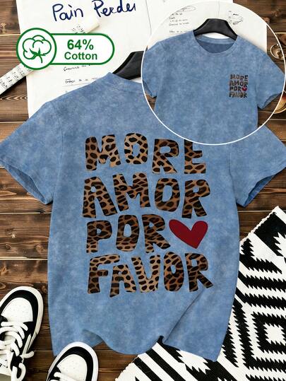 Camiseta de manga corta con cuello redondo y estampado de copos de nieve fritos de estilo vintage para mujer de talla grande, con estampado de leopardo en forma de corazón, casual y sencilla, adecuada para uso diario en el hogar y al aire libre en verano y otoño, con textura lavada, camiseta de talla grande