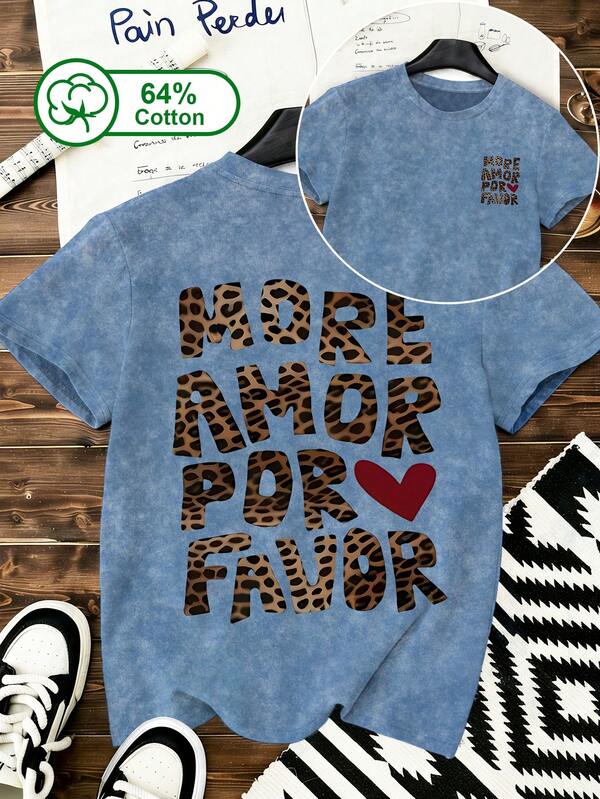 Camiseta de manga corta con cuello redondo y estampado de copos de nieve fritos de estilo vintage para mujer de talla grande, con estampado de leopardo en forma de corazón, casual y sencilla, adecuada para uso diario en el hogar y al aire libre en verano y otoño, con textura lavada, camiseta de talla grande