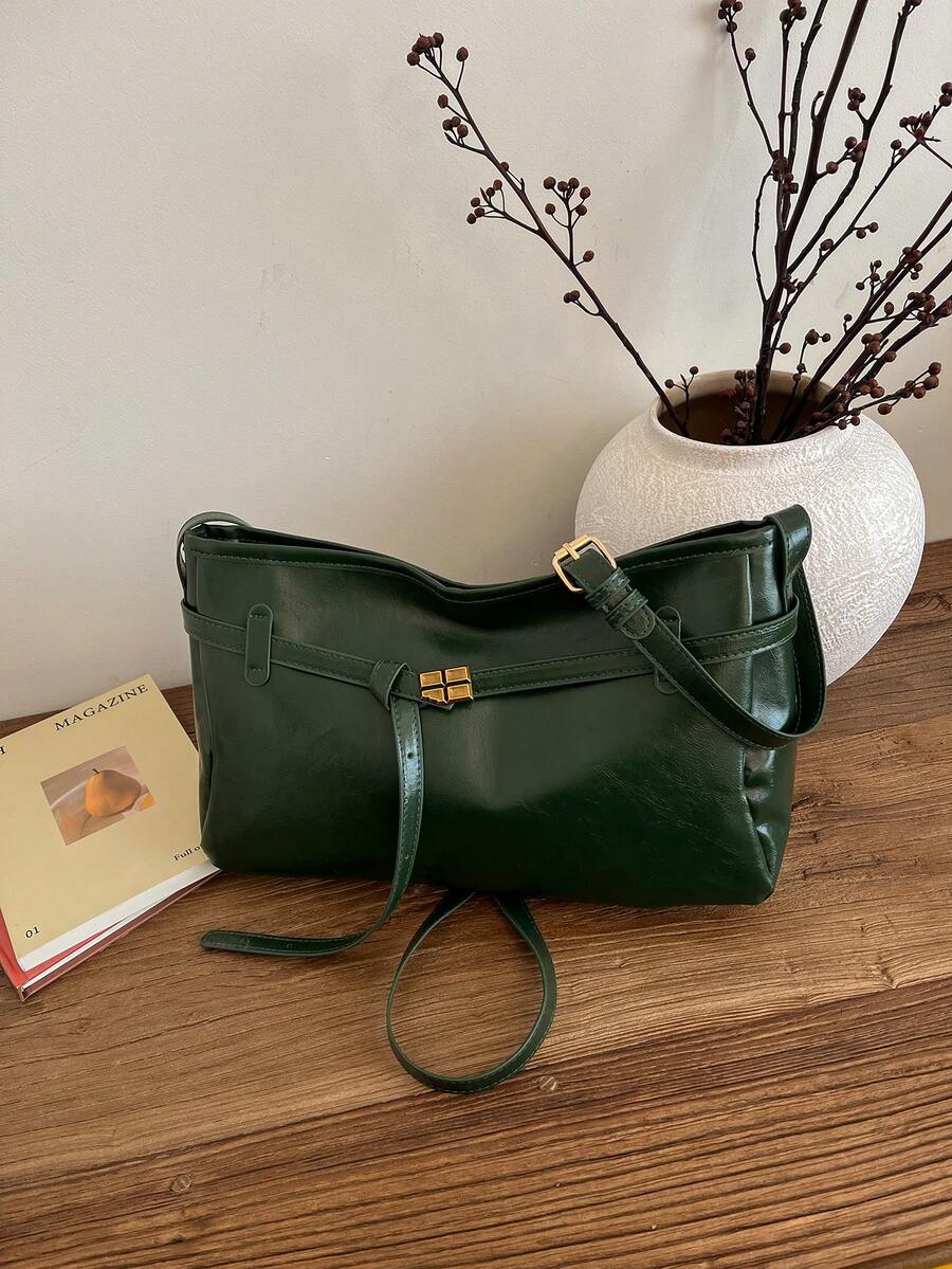 Hevel, Bolso de hombro de mujer de verano de PU, correa ajustable, versátil para uso diario, ir al trabajo, compras, citas, escuela, estilo retro, bolso cruzado para mujer - Verde - Ver 1