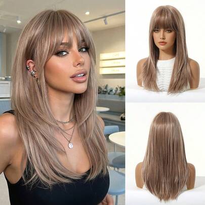 18 Inch Ash Blonde Wig Mixed Color Long Straight Layered With Bangs , Machine Made Heat Resistant Synthetic Wig, Natural Looking Daily Wear Wig For Office & Party