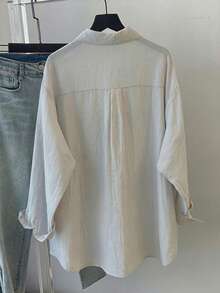 Plus Size Women's Solid Color Long Sleeve Casual Loose Shirt With Pockets, Spring/Summer - Light Grey - View 2