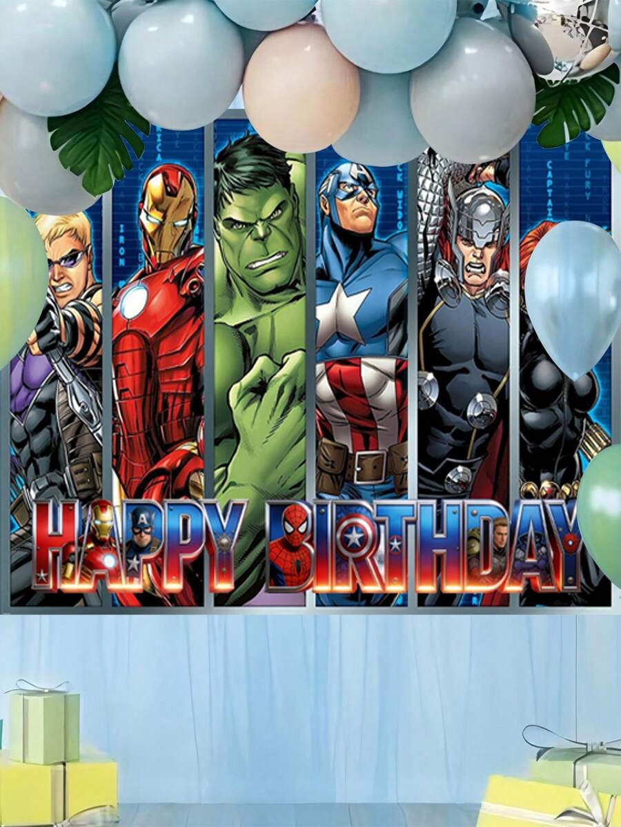 Marvel 75*95厘米生日派对装饰背景布,生日摄影横幅,涤纶派对背景布,复仇者联盟纸盘装饰,超级英雄桌布和餐具生日派对用品 - 多色 - 查看 1