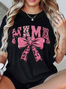 Women Mama Leopard Print Graphic T-Shirt Pink Bow Mom Casual Crew Neck Tee Top - 黑色 - 查看 1
