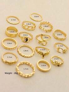 16pcs Vintage Geometric Hollow Hinge Rings Set For Women, Featuring Yin Yang, Sun, Moon, Snake, Leaf And Flower Patterns, Suitable For Daily And Holiday Wear, Gift (Ring Sizes Marked, Non-Adjustable, Do Not Forcibly Bend) - 金子 - 查看 2