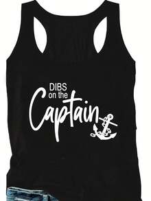 1 Pcs Plus Size Casual Tank Top, Women's Plus Letter Print Crew Neck Medium Stretch Tank Top - Black - View 2