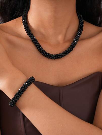 1条项链+1条弹力手链，手工串珠首饰套装，波西米亚风格，适合日常、商务、节日等场合，10种不同颜色可选