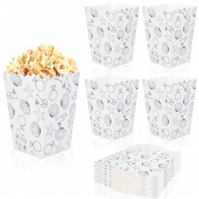 6 piezas/12 piezas/24 piezas Cajas de papel desechables con diseños de estrellas de mar, conchas, anillos y champán, ideales para palomitas de maíz, dulces, galletas, perfectas para bodas en la playa, despedidas de soltera, fiestas de compromiso y decoración de eventos costeros