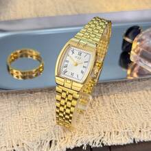 2026新款桶形钢带情侣石英表，罗马数字表盘，可调节表带，经典百搭腕表，情人节佳礼，老年人大数字腕表 - 金色 - 查看 13