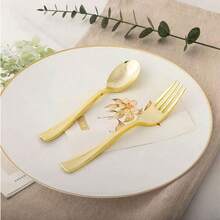 100/50/20/30件套豪华金色餐具套装，不锈钢材质，包含6件刀、叉、沙拉叉、勺、甜点勺，可重复使用，镜面抛光，适用于家庭、厨房、餐厅、酒店、派对、婚礼、乔迁、节日庆典等场合，厨房用具、餐具、厨房配件，精美礼品，日常餐具套装 - 金色 - 查看 9