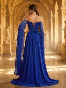 Women's Royal Blue Off-Shoulder Formal Evening Dress, Adorned With Sequins And Featuring Flowing Cape Sleeves Party Wedding Spring - Royal Blue - View 2