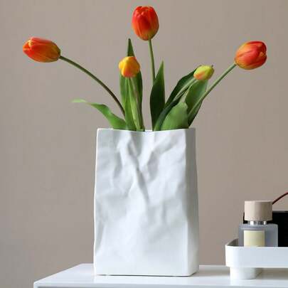 A Vase Decorated With A Crepe Paper Bag, A Square, Wide-Mouthed, Pleated Flowerpot, A Unique Matte White Vase, A Minimalist Bohemian Style Flowerpot, Suitable For Flower Arrangements, Table Decorations, And Home/Office Shelf Decorations.