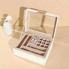 双层皮革首饰盒，带透明窗口，现代风格，适合女性/女孩的首饰礼盒，带可拆卸托盘 - 彩色 - 查看 7