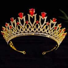 波西米亚欧式宫廷风合金水钻多层镂空卷轴图案庄重浪漫光泽发饰皇冠，优雅高端复古百搭 - 紅色 - 查看 1