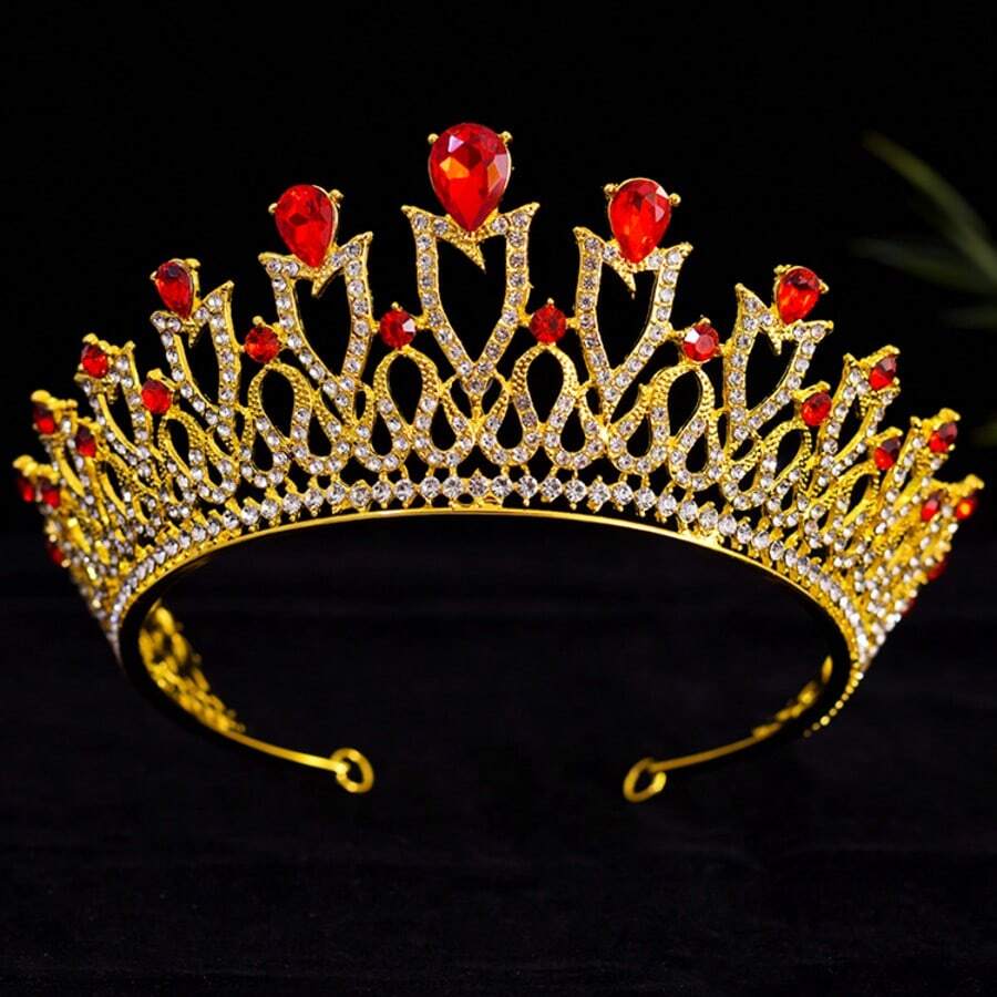 波西米亚欧式宫廷风合金水钻多层镂空卷轴图案庄重浪漫光泽发饰皇冠，优雅高端复古百搭 - 紅色 - 查看 1
