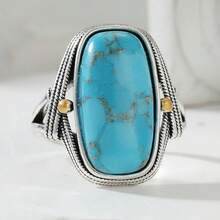 Handmade Wide Vintage Bohemian Style Artificial Turquoise Ring, Suitable For Women, Casual, Vacation Or Wedding Accessory, Unique Style Women's Jewelry - Silver - View 5