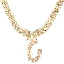 14mm Cuban Link Crystal Butterfly Letter Name Pendant Necklace, Sparkling Paved Rhinestone Cursive Letter Hip Hop Jewelry, New Arrival - Necklace - View 21