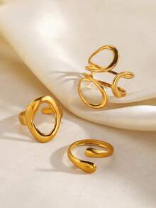 3pcs Stainless Steel Water Drop & Oval Ring Set, Suitable For Women's Daily, Party Wear, Holiday Gift - Gold - View 6