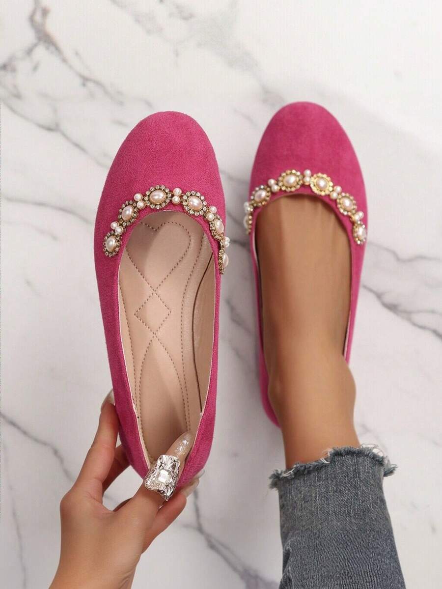 Women's Round Toe Pearl & Rhinestone Decor Flat Shoes, Elegant Style For Commuting, Velvet Material - Red - View 1