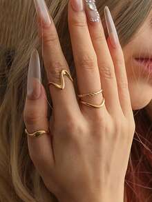 Bộ 3 chiếc nhẫn thép không gỉ mạ vàng 18K hình học bất đối xứng, nhẫn thời trang thanh lịch dành cho nữ, phù hợp đeo hàng ngày, dự tiệc, ngày lễ, hẹn hò, quà tặng trang sức tối giản. - Nhiều màu - Xem 10