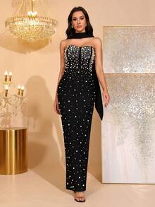 Rhinestone Strapless Slit Tube Bridesmaid Dress, Party Bandage Dress - Black - View 1