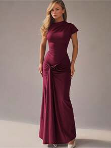 Stylish And Elegant Slim-Fitting Pleated Tie-Waist Short-Sleeved Dress For Women - 酒紅色 - 查看 5