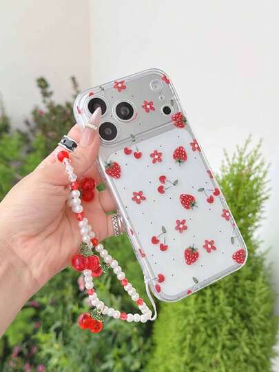 Strawberry & Cherry Pattern Bracelet + Transparent Soft Phone Case, Anti-Fall Anti-Scratch Anti-Fingerprint Transparent TPU Material Soft Case With Precise Camera Cutout, Compatible With Samsung, Apple, Nothing, Pixel,