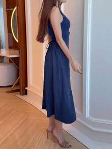 Women's Elegant Sleeveless Solid Color Mid-Length Dress, Elegant Woven Fabric, Summer - Blue - View 5