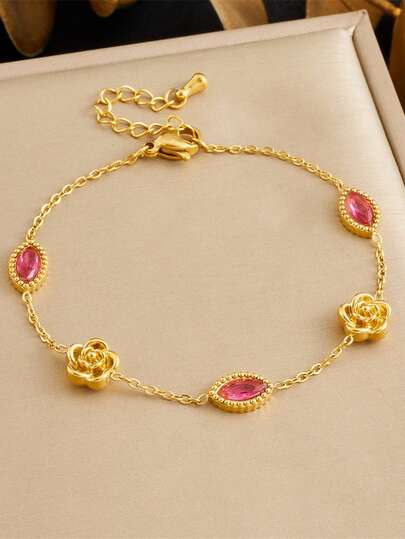 1 pieza Pulsera de acero inoxidable con rhinestones, disponible en múltiples estilos - Colgantes con temática de rosa, trébol, corazón, océano, joyería de estilo resort elegante y versátil, regalo elegante para novia, mejor amiga, Día de San Valentín