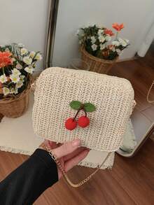 Bolso mini de lápiz labial, nueva moda de verano con cadena de paja, bolso cruzado cuadrado para el hombro para mujeres - Beis - Ver 8