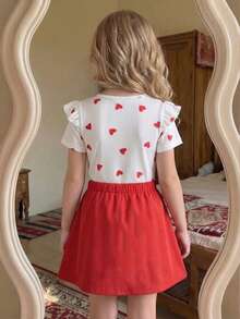 女童T恤套装，休闲罗纹数码印花爱心图案，时尚小女孩新款春夏秋季户外服装 - 紅色 - 查看 5
