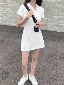 2025新款夏季女款修身休閒收腰純色 Polo 領中長洋裝，優雅白色 - 白色 - 查看 7