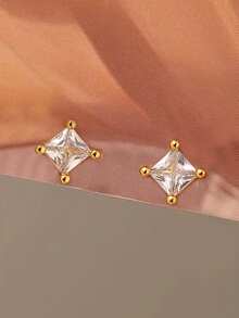 2 đôi bông tai vuông đính đá Cubic Zirconia cho bé gái, phụ kiện cơ bản hàng ngày. - Vàng - Xem 6