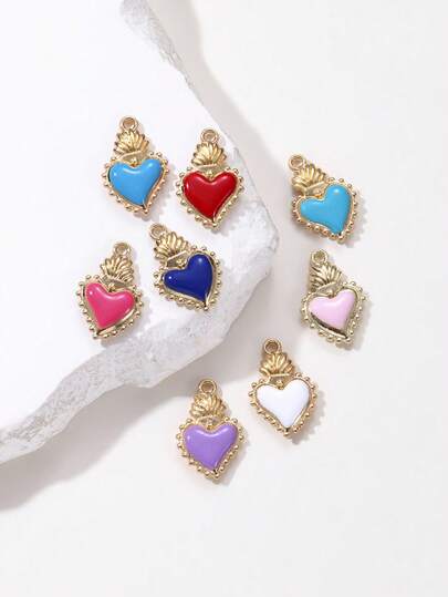 8个随机混色珐琅心形吊坠，可DIY耳环、手链、项链、手机链等饰品配件