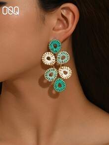 OOQ 1pc Summer Vacation Style Handmade Woven Geometric Hoop Earrings, Dopamine-Inspired Colorful Minimalist Design, Suitable For Daily Wear, Mother's Day, Valentine's Day, Beach Vacation (Handmade, Random Direction And Shape) - Green - View 3