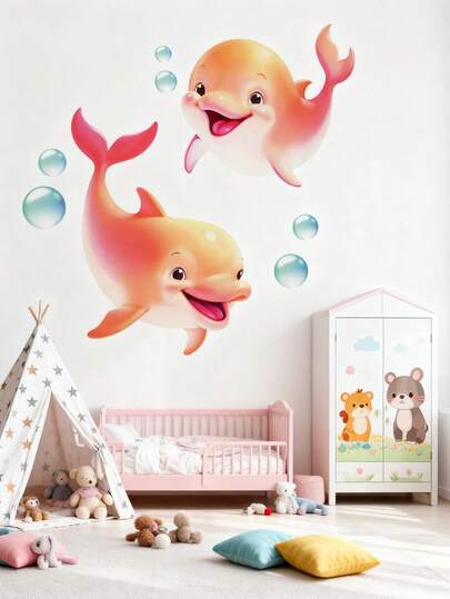 Hình dán tường có thể tháo rời hình chim cánh cụt và cá heo dễ thương - Hình dán chủ đề đại dương, thích hợp trang trí phòng ngủ trẻ em, phòng tắm, phòng trẻ sơ sinh.