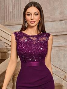 MIUSOL Đầm dự tiệc cocktail không tay cổ tròn đính sequin và ren hoa cổ điển, đầm mùa hè thanh lịch dành cho nữ. - Màu Tím - Xem 9