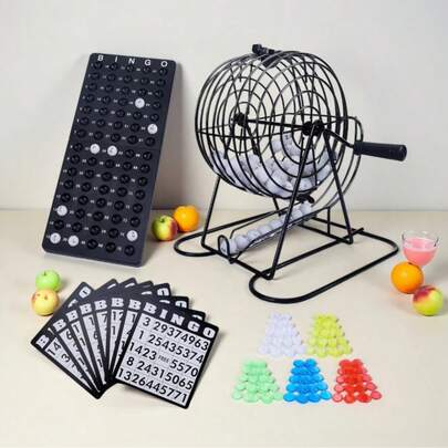 A Set Of Bingo Game Set For Adults - Included 8.27" Metal Wheel Cage, 75 Calling Balls, Master Board, 18 Bingo Cards & 150 Colored Chips, Great For Fun Family Game Night, Large Groups, Parties