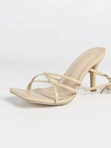 女士杏色方头交叉绑带细高跟凉鞋，露趾性感派对时尚简约舒适高跟鞋，拉长腿部线条 - 杏色 - 查看 3