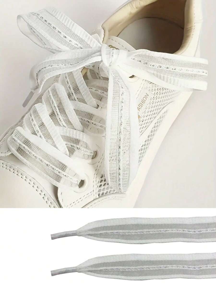 1双2厘米宽白色镂空扁平鞋带，带银线，透明条纹鞋带，适用于鞋子 - 白色 - 查看 1