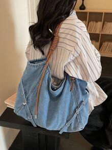 Túi đeo vai denim dáng casual dành cho nữ, túi tote tối giản dung tích lớn, phù hợp cho công việc, đi làm, du lịch, nghỉ mát, đi học. - Màu xanh lam - Xem 3