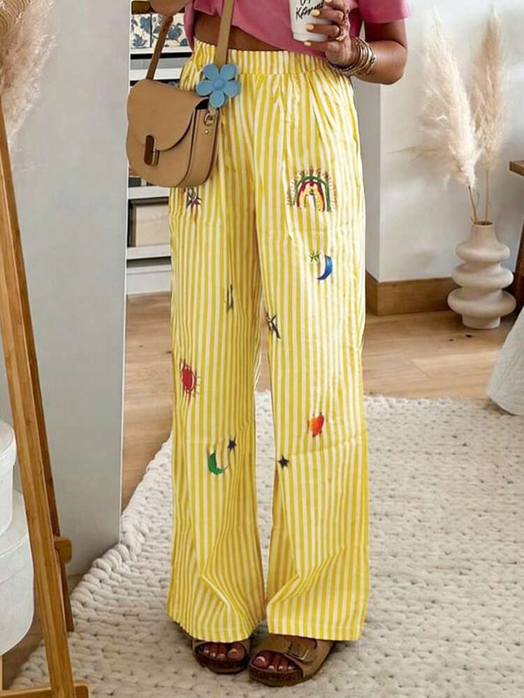 Pantalones casuales, elegantes y de playa para mujer con pierna recta, rayas amarillas y bordados, adecuados para salidas, playa y viajes de primavera - Amarillo - Añade 4