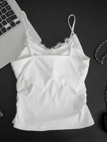Sexy V-Neck Lace Patchwork Camisole Backless Spaghetti Strap Tank Top For Women, Spring Casual White Summer - White - View 9